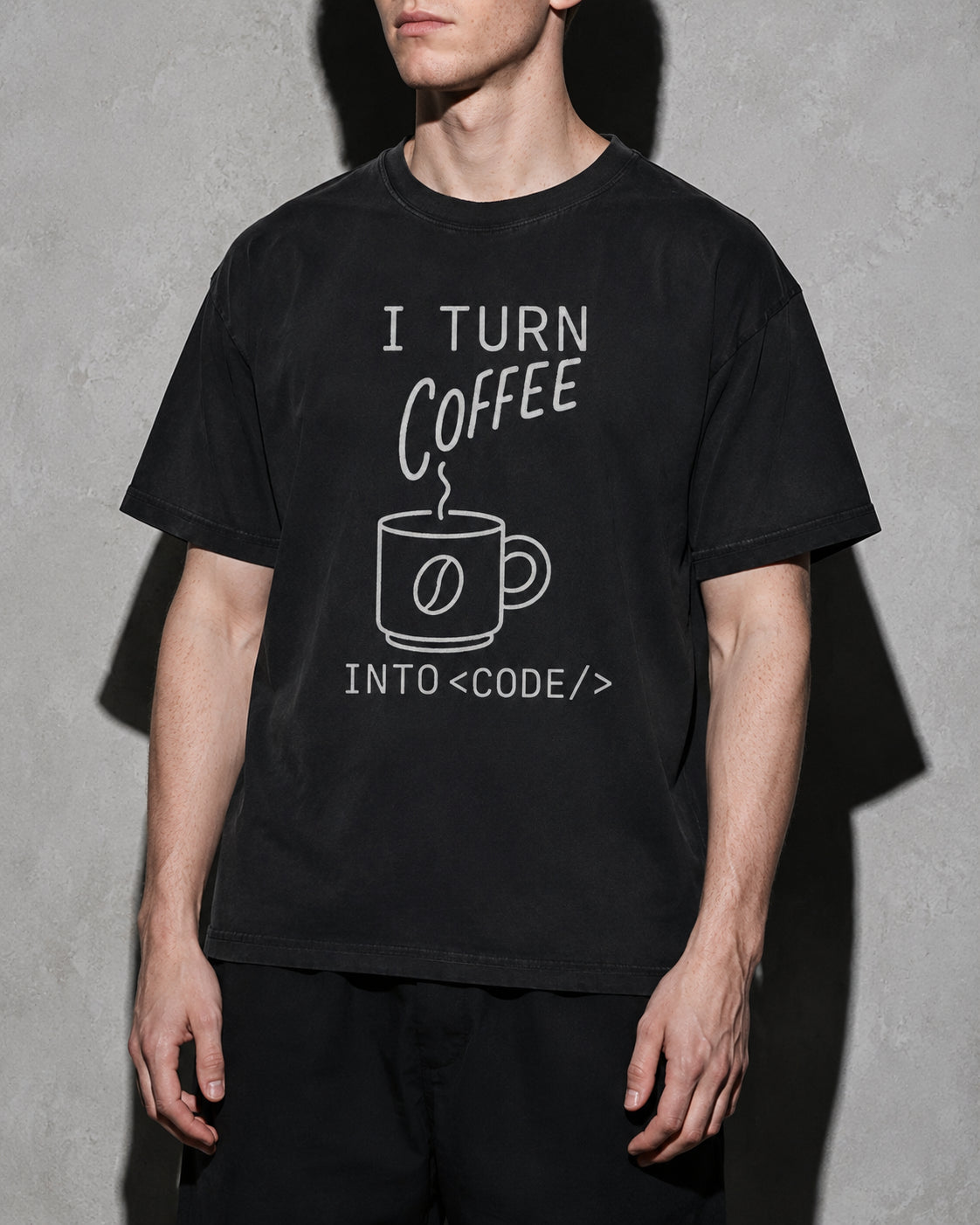 i turn coffee into code Premium Shirt — Black Model Zoom Hero