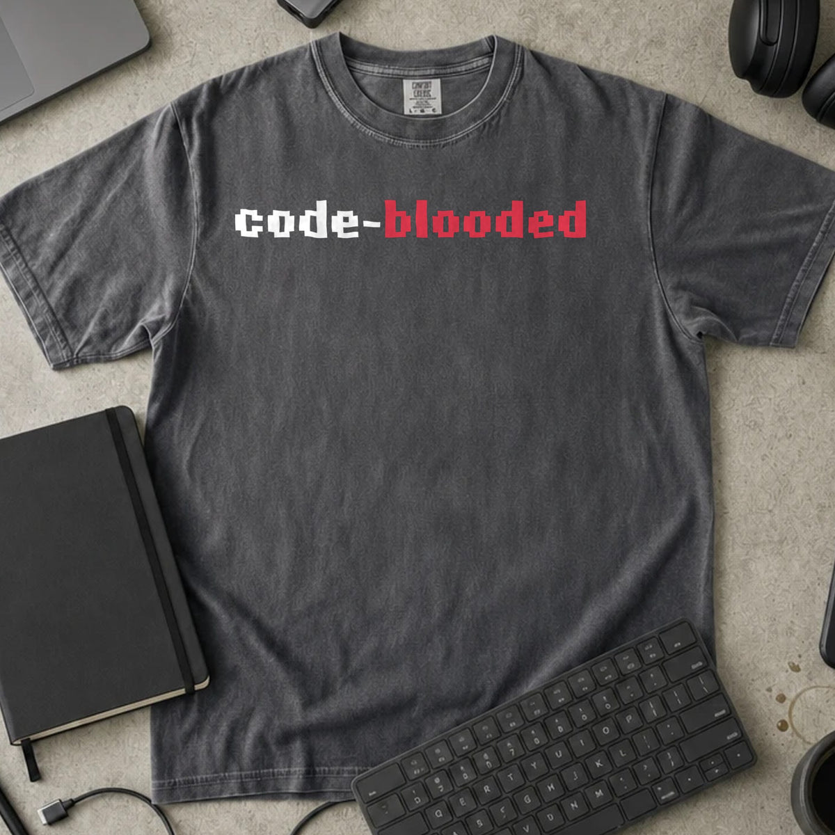 Code Blooded Shirt in Pepper, Comfort Colors 1717 tee flat lay