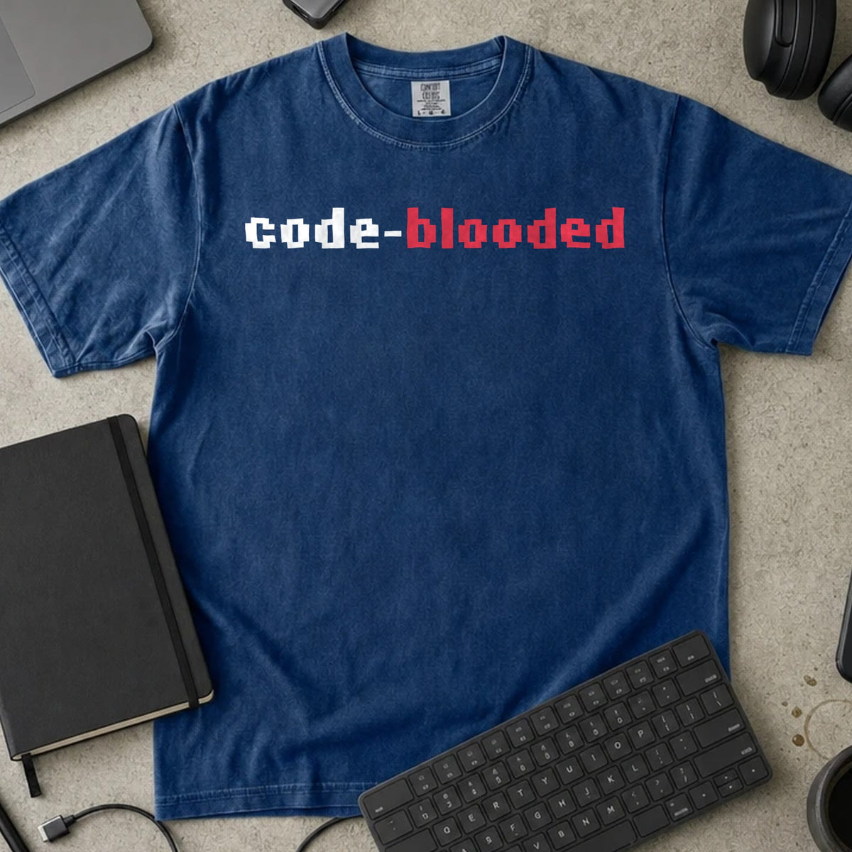 Code Blooded Shirt in True Navy, Comfort Colors 1717 tee flat lay