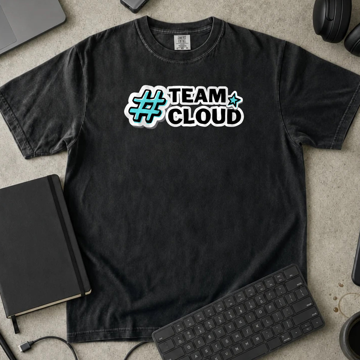Team Cloud Shirt in Black, Comfort Colors 1717 tee flat lay