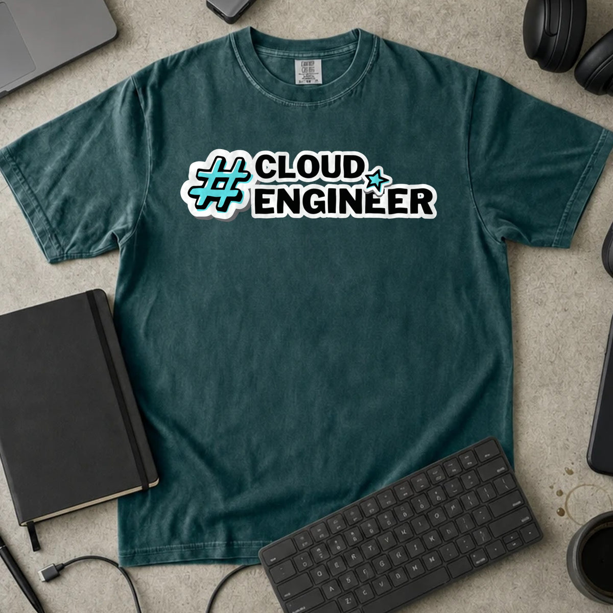 Cloud Engineer Hashtag Shirt in Blue Spruce, Comfort Colors 1717 tee flat lay