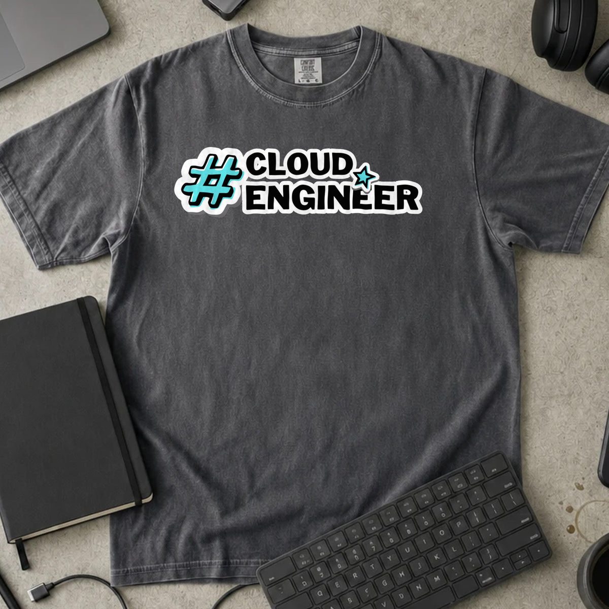 Cloud Engineer Hashtag Shirt in Pepper, Comfort Colors 1717 tee flat lay