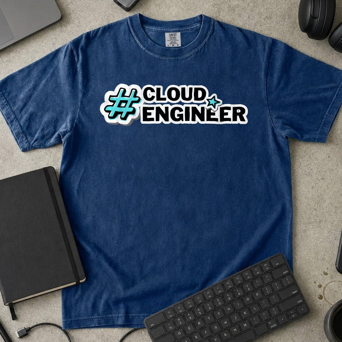 Cloud Engineer Hashtag Shirt in True Navy, Comfort Colors 1717 tee flat lay