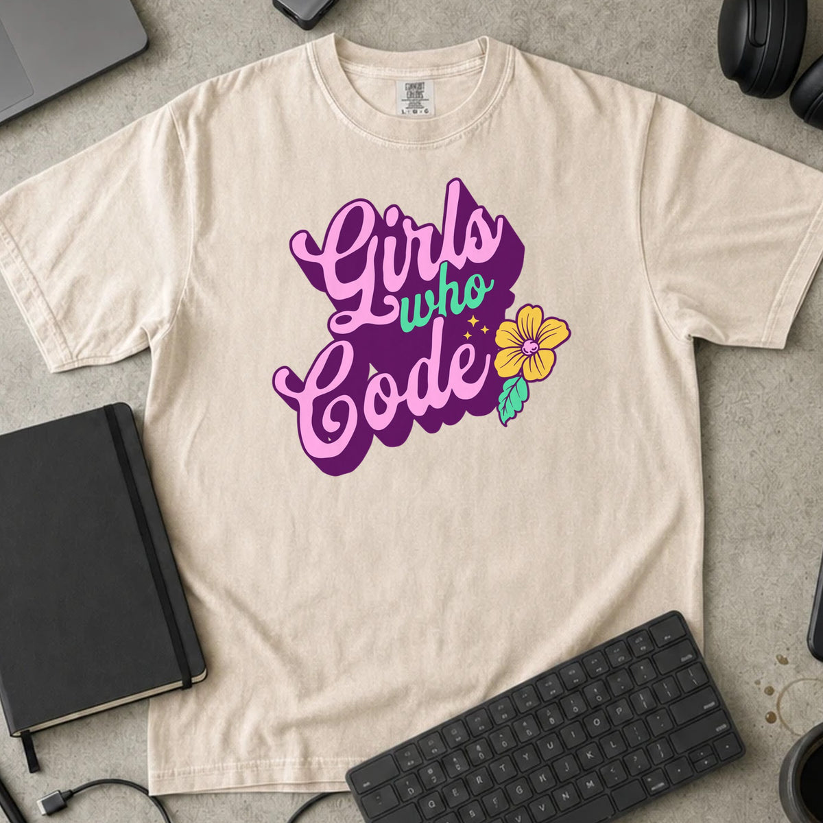 Girls Who Code Shirt in Ivory, Comfort Colors 1717 tee flat lay