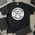 Coffee First Code Later Shirt in Black, Comfort Colors 1717 tee flat lay
