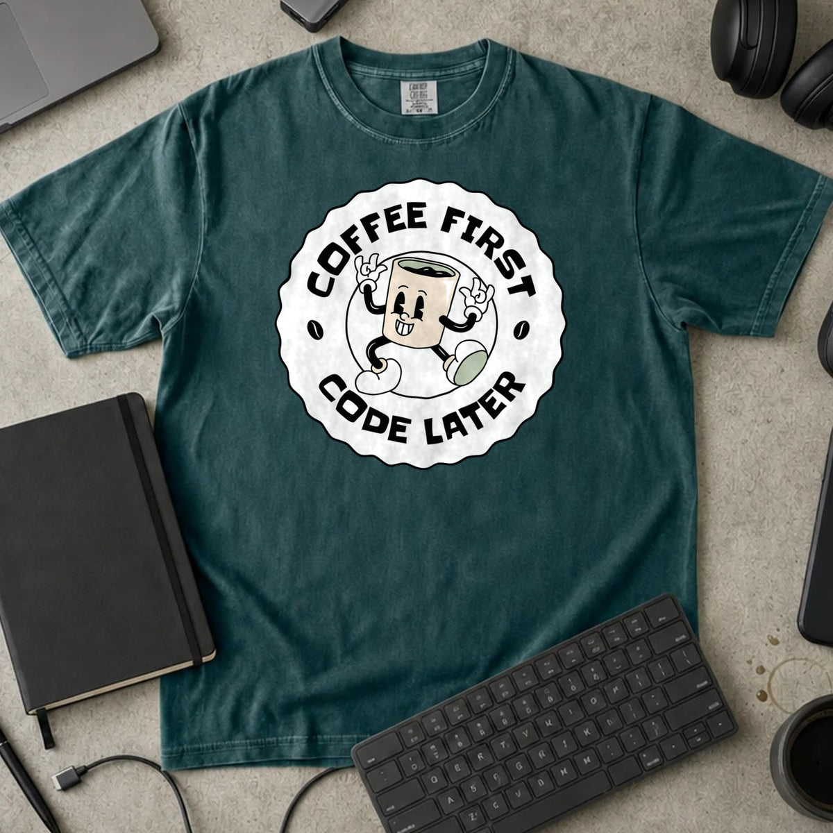 Coffee First Code Later Shirt in Blue Spruce, Comfort Colors 1717 tee flat lay