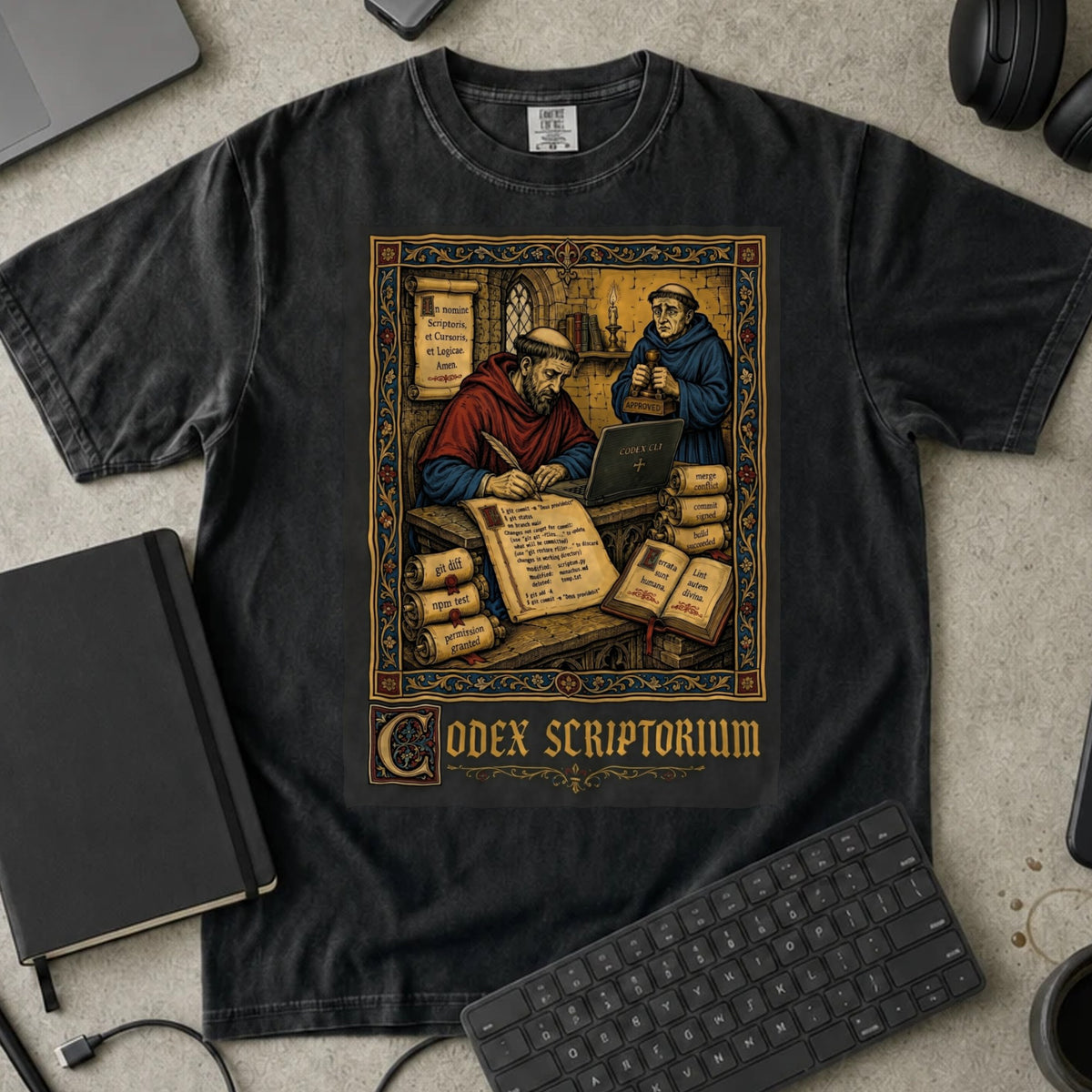 Codex Scriptorium Shirt in Black, Comfort Colors 1717 tee flat lay