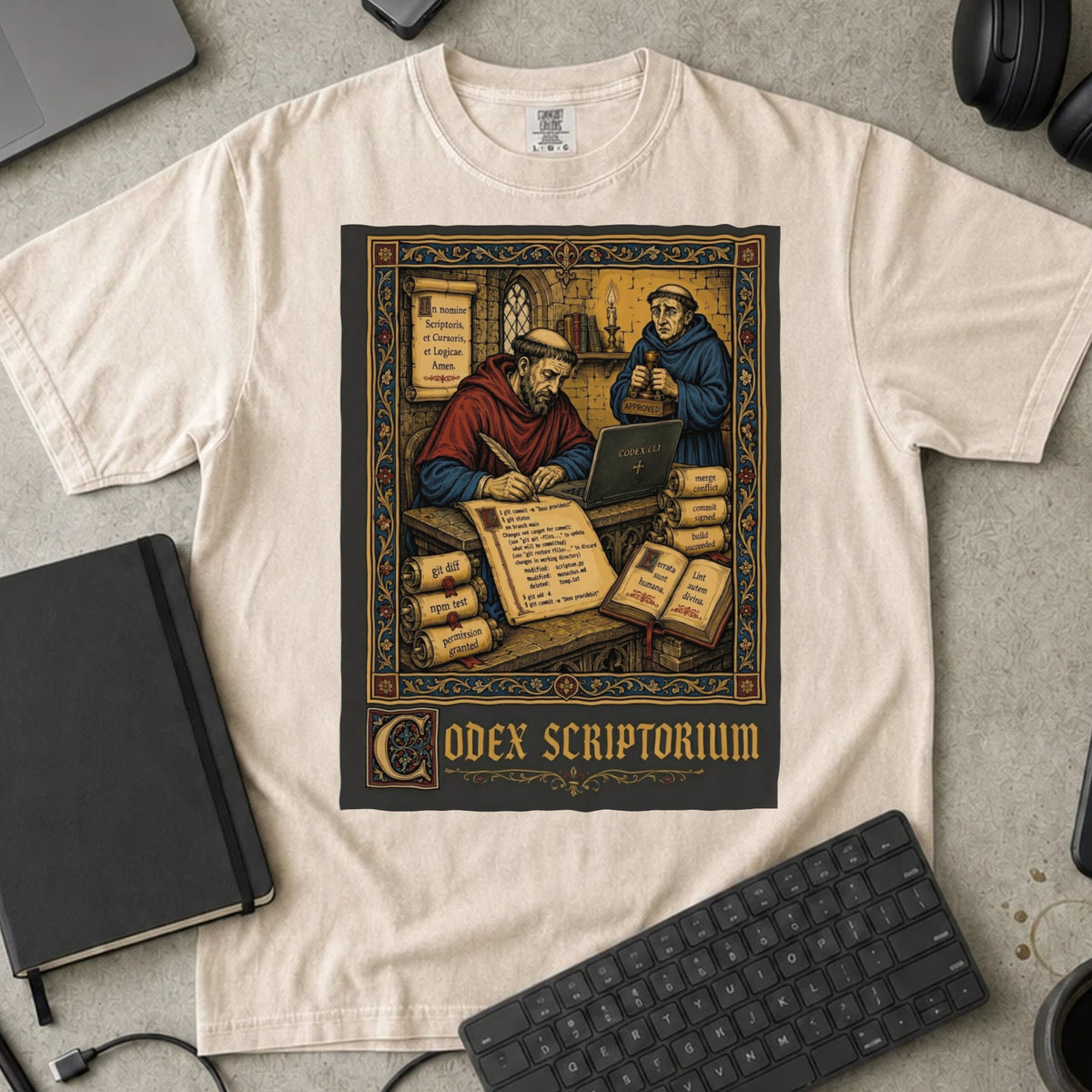 Codex Scriptorium Shirt in Ivory, Comfort Colors 1717 tee flat lay