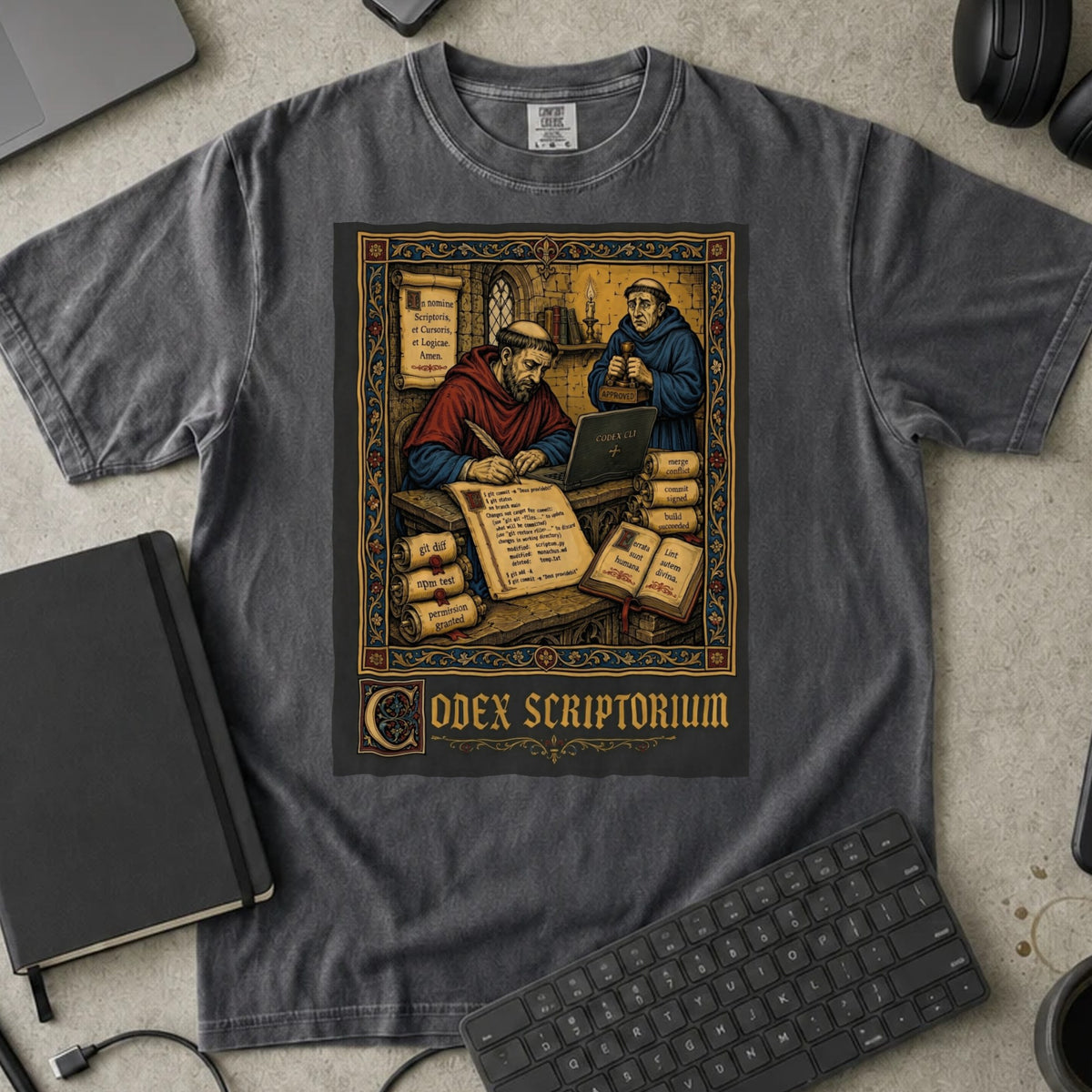 Codex Scriptorium Shirt in Pepper, Comfort Colors 1717 tee flat lay