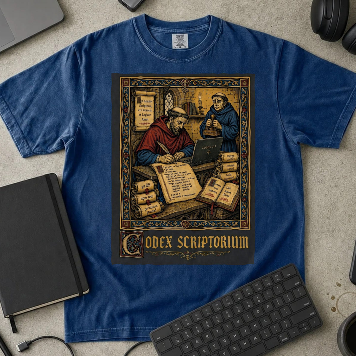 Codex Scriptorium Shirt in True Navy, Comfort Colors 1717 tee flat lay