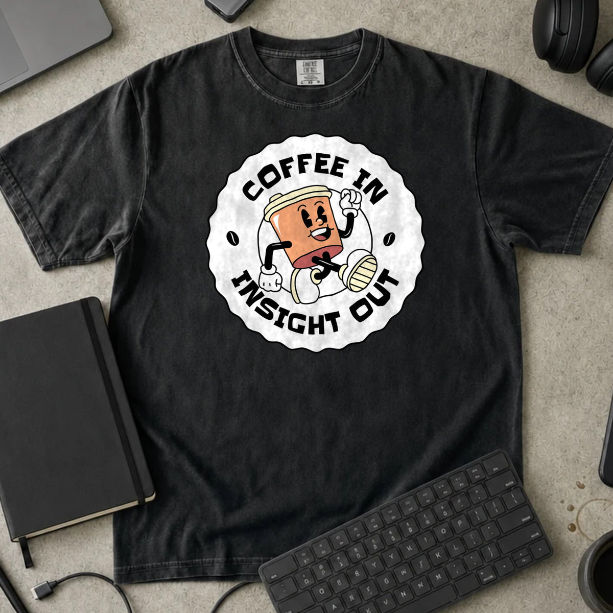 Coffee In Insight Out Shirt in Black, Comfort Colors 1717 tee flat lay