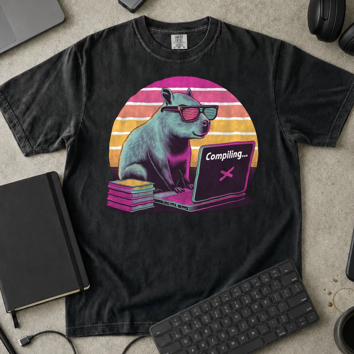 Compiling Capybara Shirt in Black, Comfort Colors 1717 tee flat lay