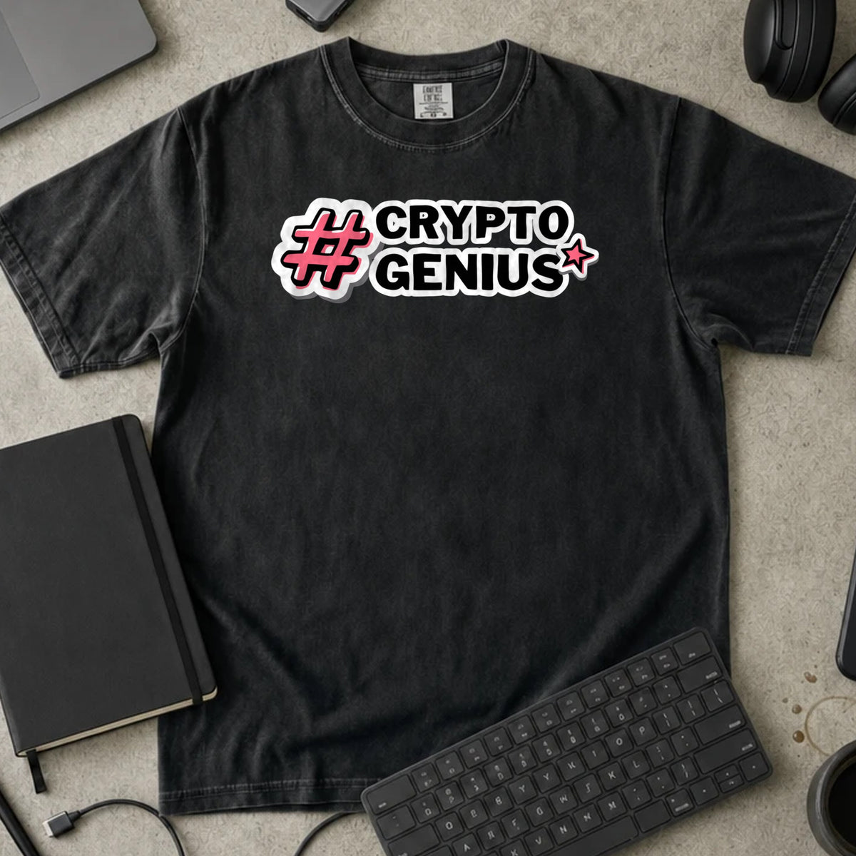Crypto Genius Shirt in Black, Comfort Colors 1717 tee flat lay