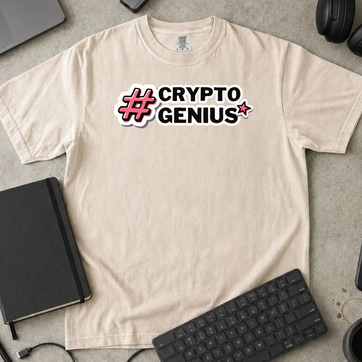 Crypto Genius Shirt in Ivory, Comfort Colors 1717 tee flat lay