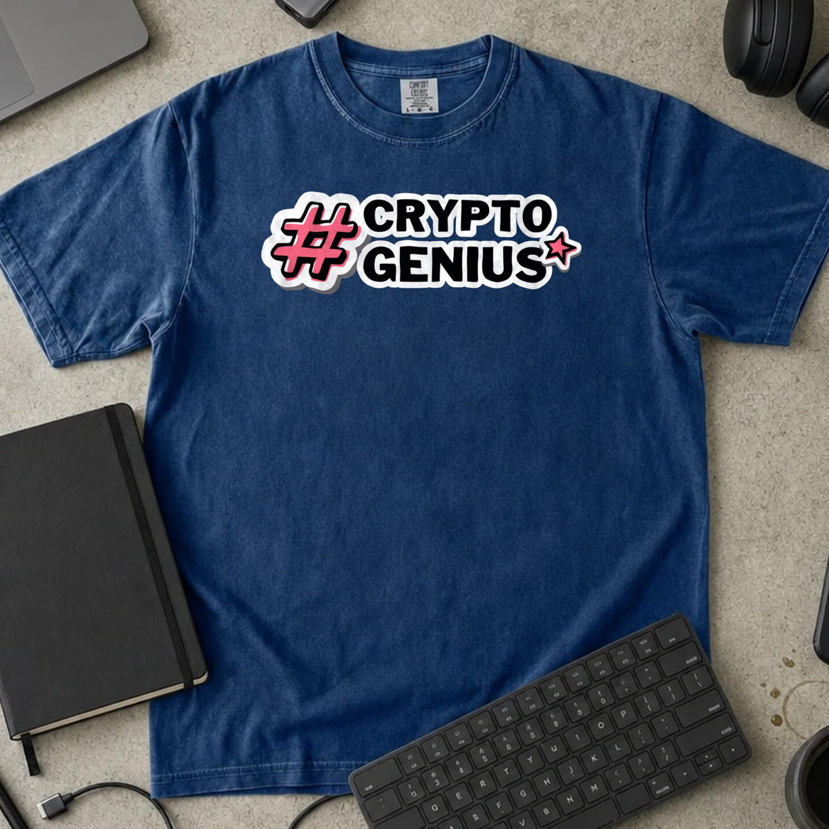 Crypto Genius Shirt in True Navy, Comfort Colors 1717 tee flat lay
