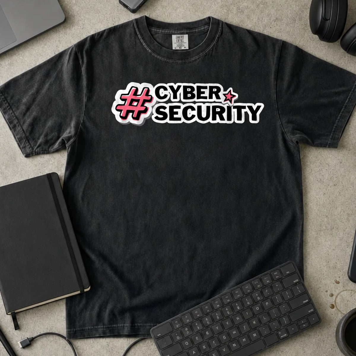Cyber Security Hashtag Shirt in Black, Comfort Colors 1717 tee flat lay