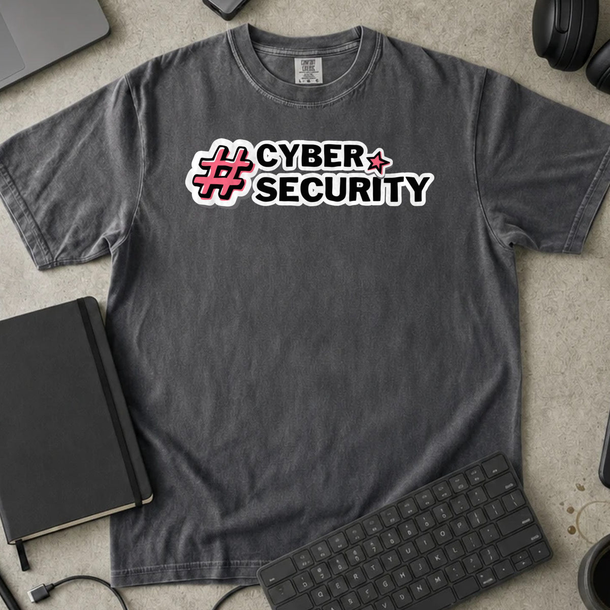 Cyber Security Hashtag Shirt in Pepper, Comfort Colors 1717 tee flat lay
