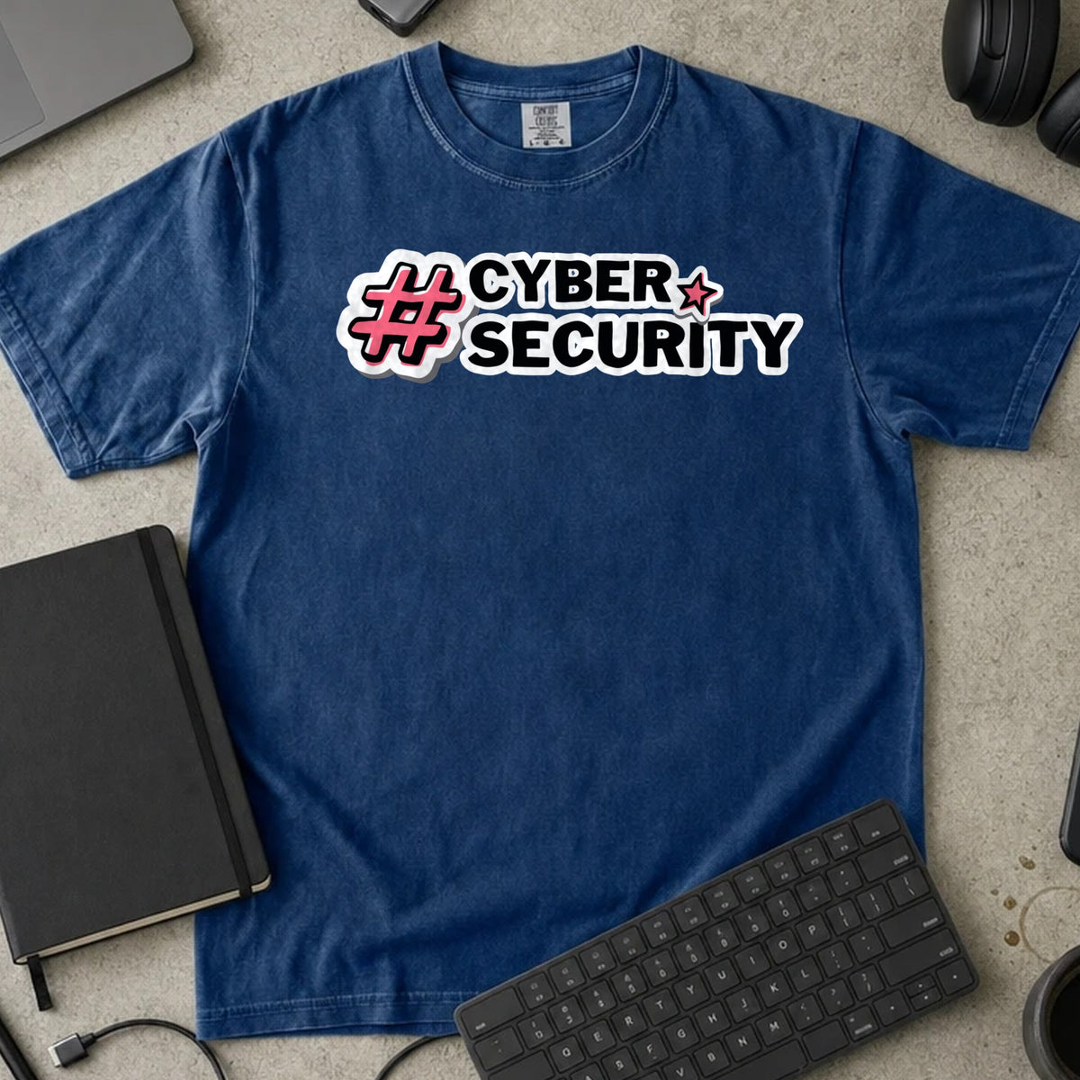 Cyber Security Hashtag Shirt in True Navy, Comfort Colors 1717 tee flat lay