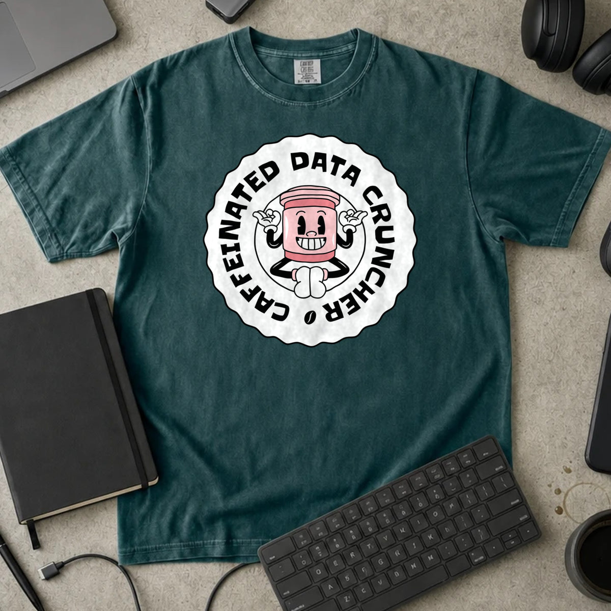 Caffeinated Data Cruncher Shirt in Blue Spruce, Comfort Colors 1717 tee flat lay
