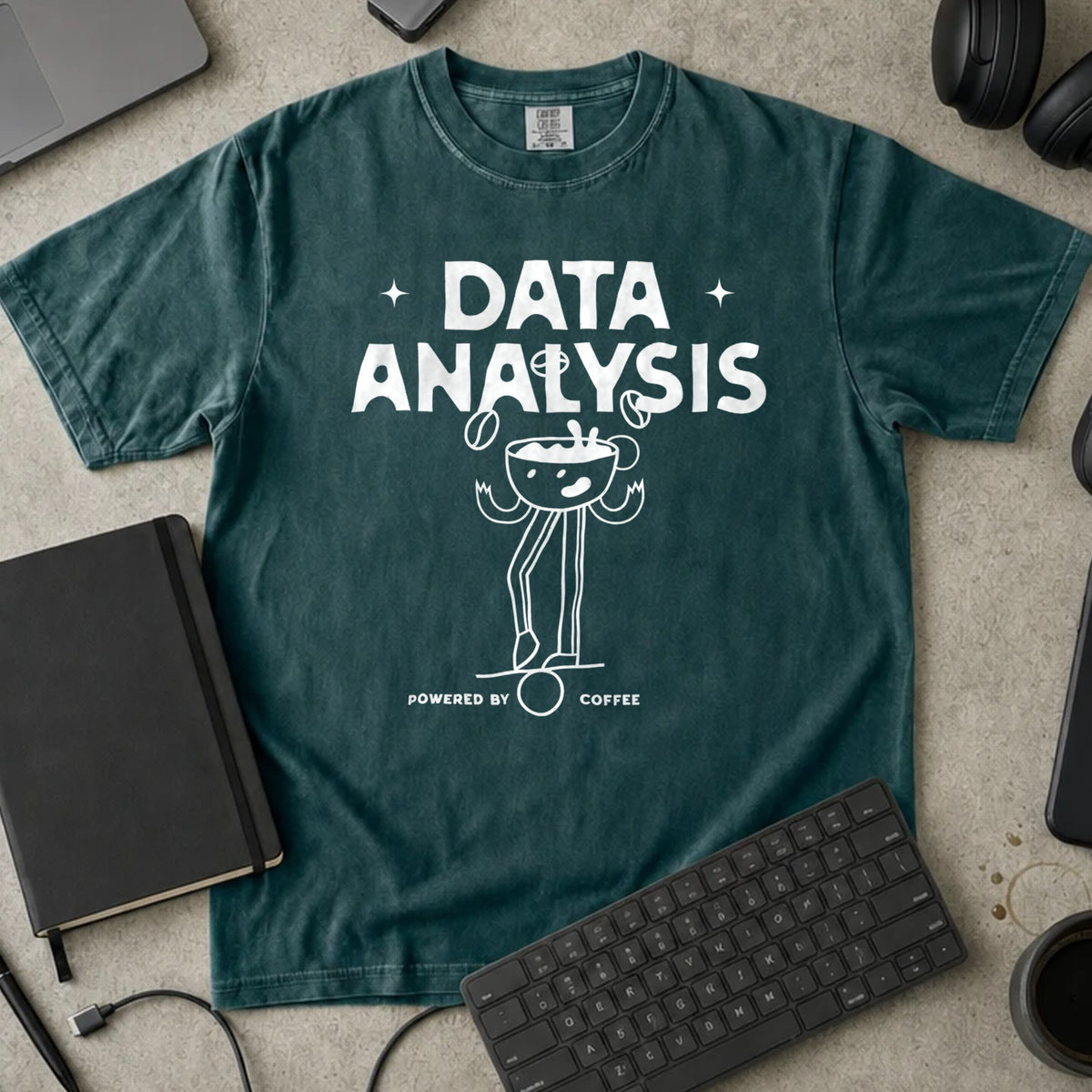 Data Analysis Powered by Coffee Shirt in Blue Spruce, Comfort Colors 1717 tee flat lay