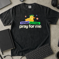 Deployed on a Friday Pray for Me Shirt — Black Comfort Colors 1717 flat lay