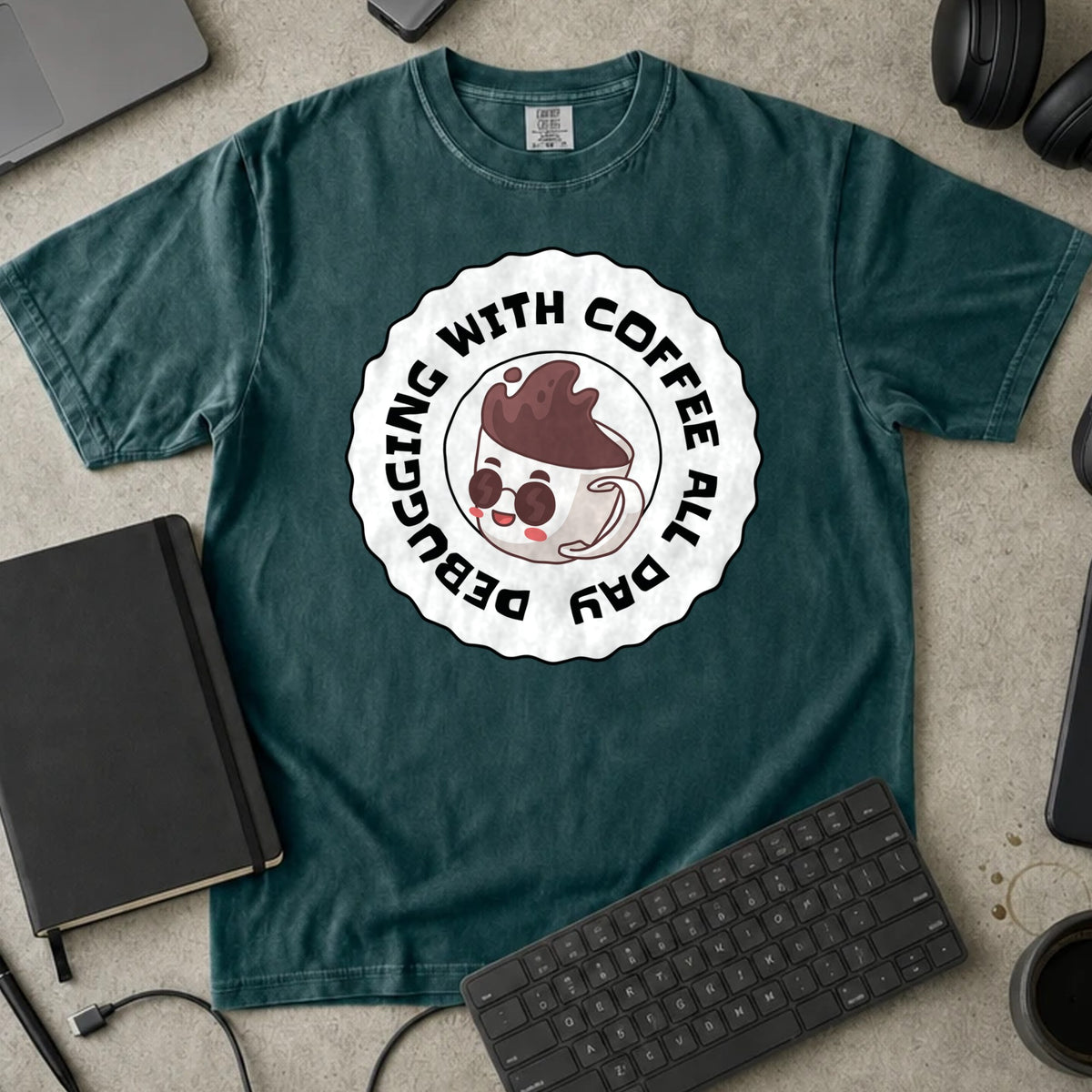 Debugging With Coffee All Day Shirt in Blue Spruce, Comfort Colors 1717 tee flat lay