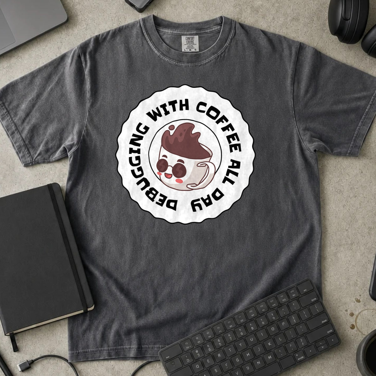 Debugging With Coffee All Day Shirt in Pepper, Comfort Colors 1717 tee flat lay