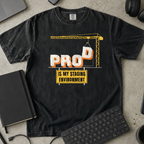 Prod Is My Staging Environment Shirt — Black Comfort Colors 1717 flat lay