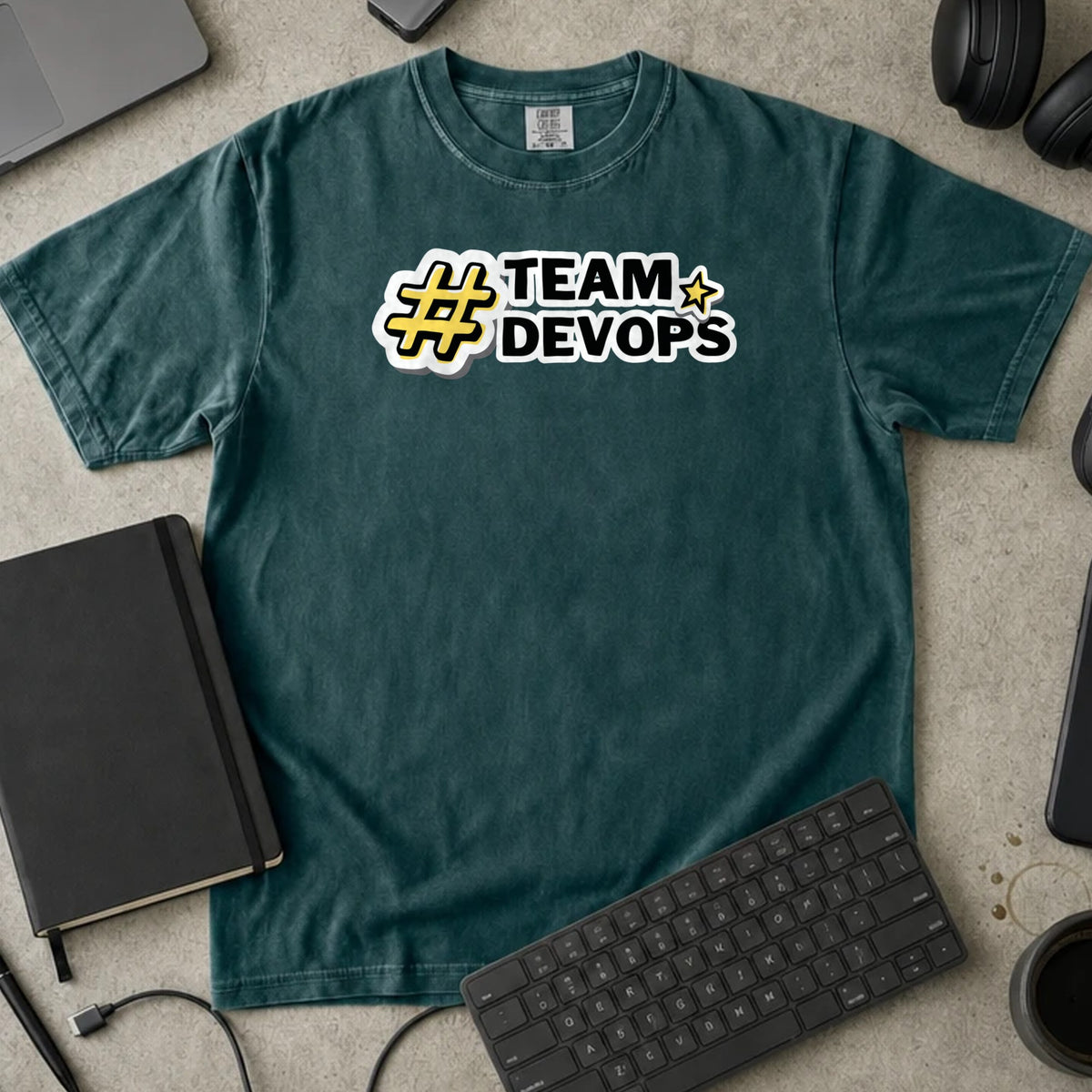 Team DevOps Shirt in Blue Spruce, Comfort Colors 1717 tee flat lay