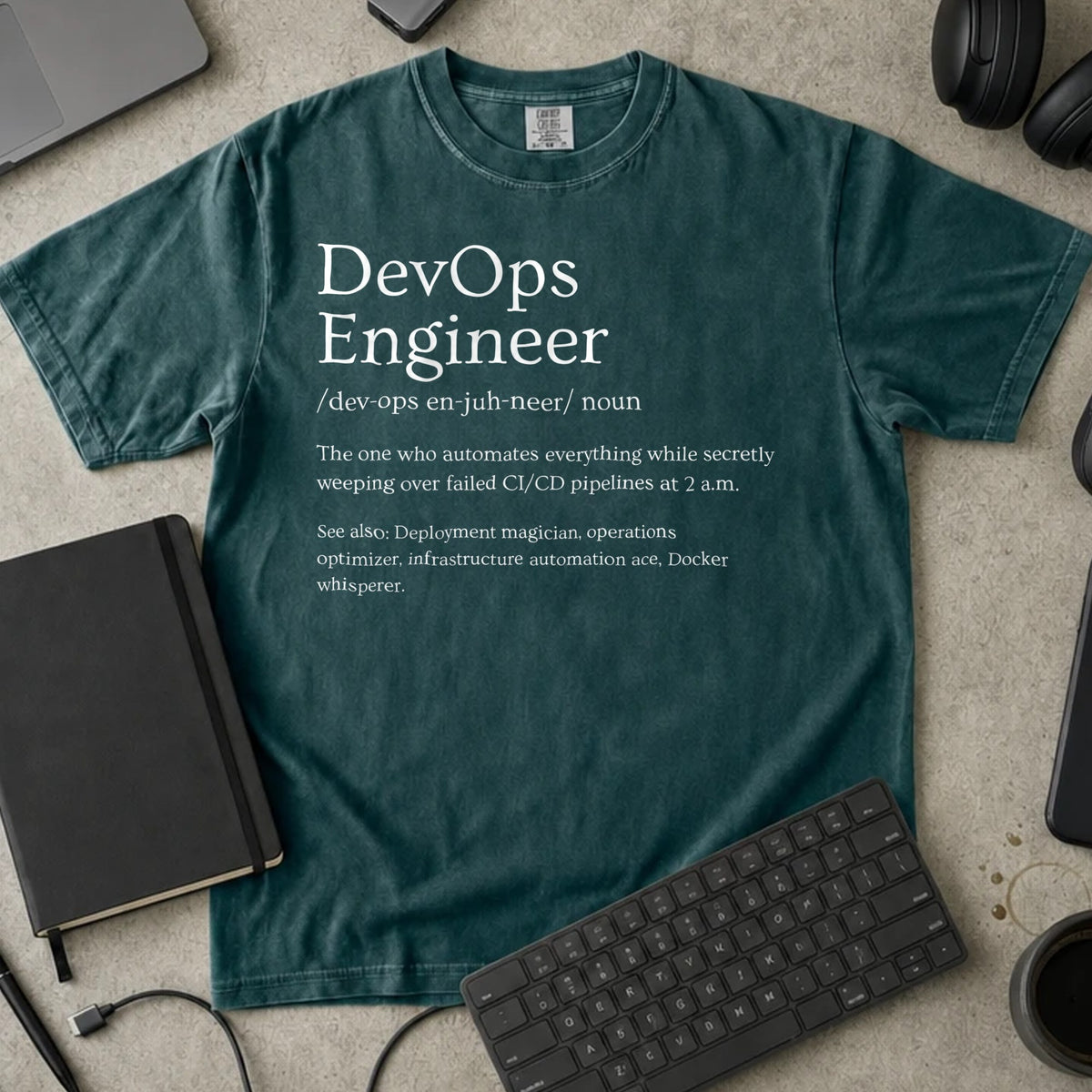 DevOps Engineer Definition Shirt in Blue Spruce, Comfort Colors 1717 tee flat lay