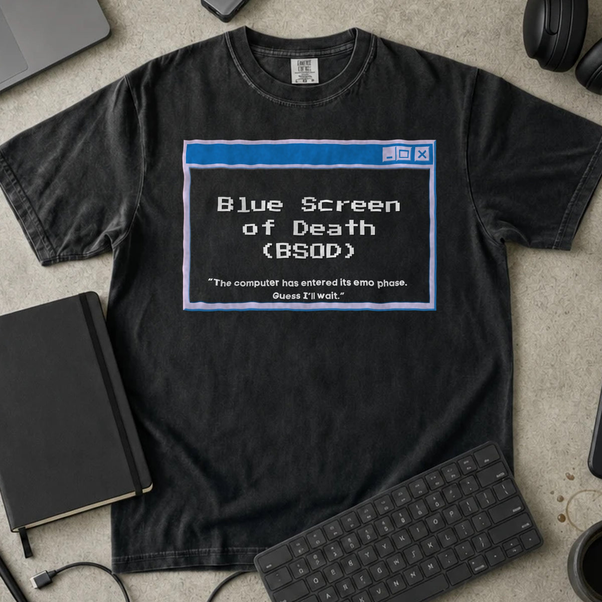 Blue Screen of Death Shirt in Black, Comfort Colors 1717 tee flat lay