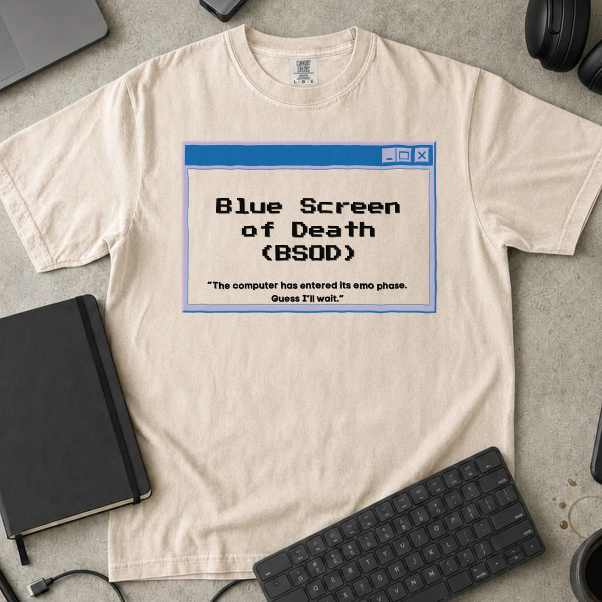 Blue Screen of Death Shirt in Ivory, Comfort Colors 1717 tee flat lay