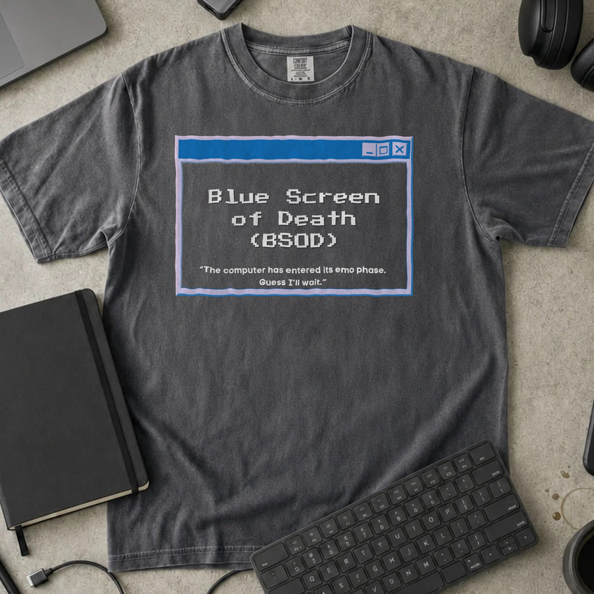 Blue Screen of Death Shirt in Pepper, Comfort Colors 1717 tee flat lay