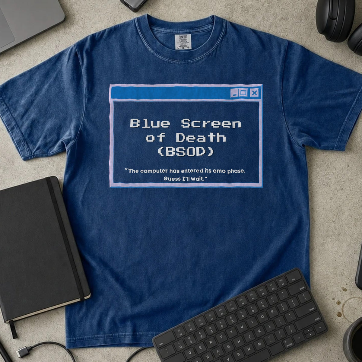 Blue Screen of Death Shirt in True Navy, Comfort Colors 1717 tee flat lay