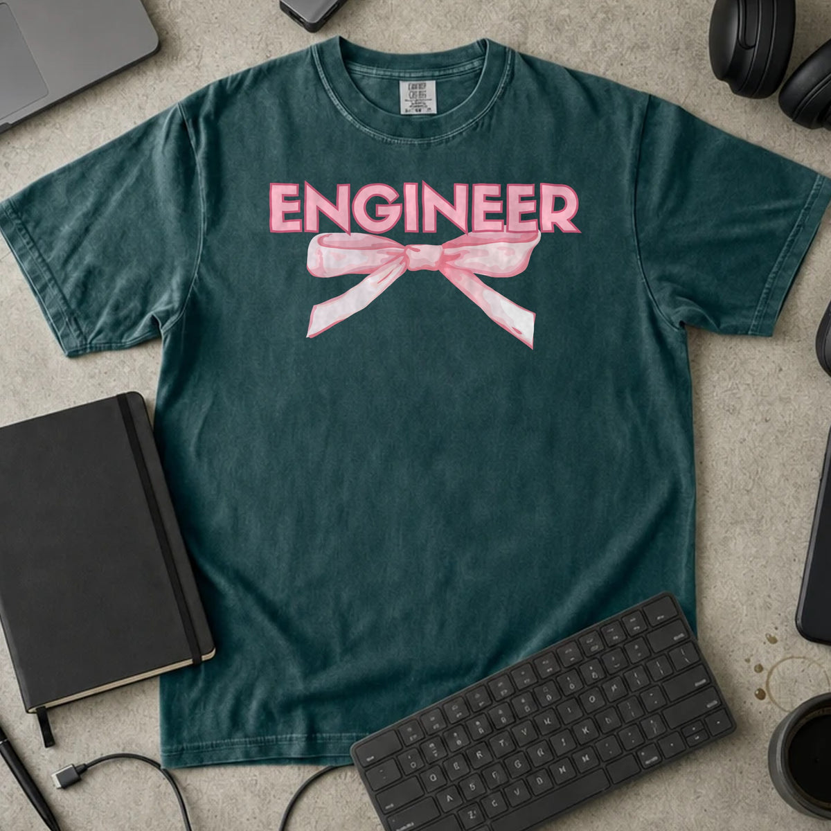 Engineer Bow Shirt in Blue Spruce, Comfort Colors 1717 tee flat lay
