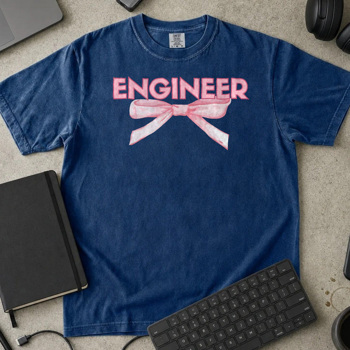 Engineer Bow Shirt in True Navy, Comfort Colors 1717 tee flat lay