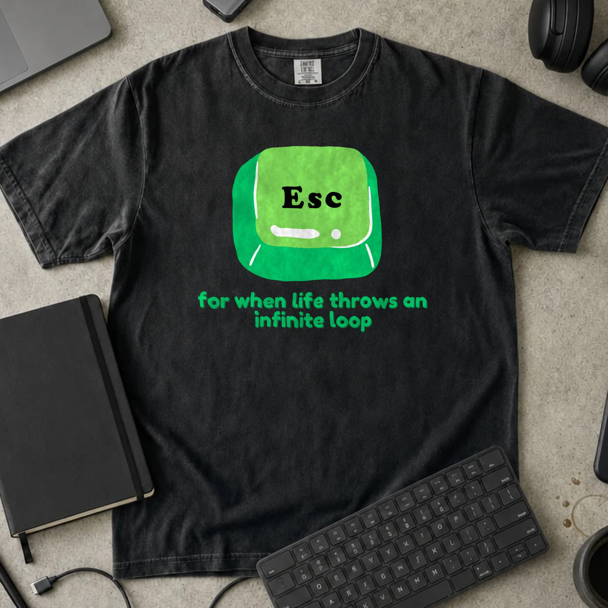 Esc For When Life Throws an Infinite Loop Shirt in Black, Comfort Colors 1717 tee flat lay