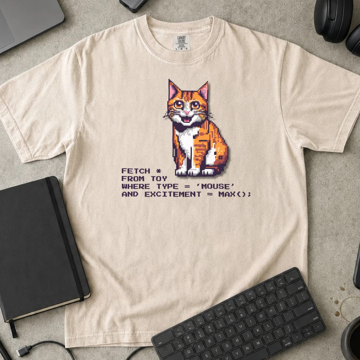 Fetch From Toy Cat SQL Shirt in Ivory, Comfort Colors 1717 tee flat lay