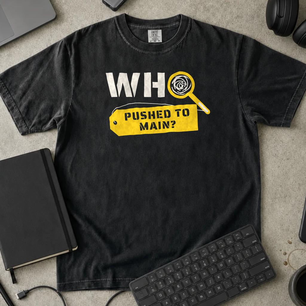 Who Pushed to Main Shirt — Black Comfort Colors 1717 flat lay
