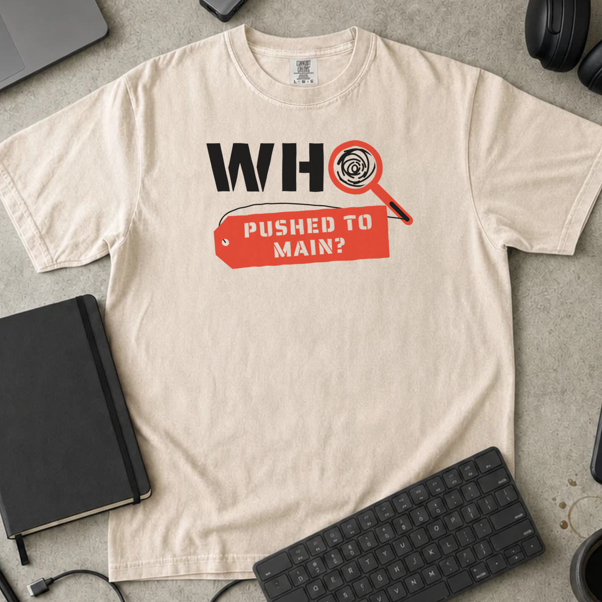 Who Pushed to Main Shirt — Ivory Comfort Colors 1717 flat lay