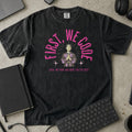 First We Code Then We Pray Shirt in Black, Comfort Colors 1717 tee flat lay