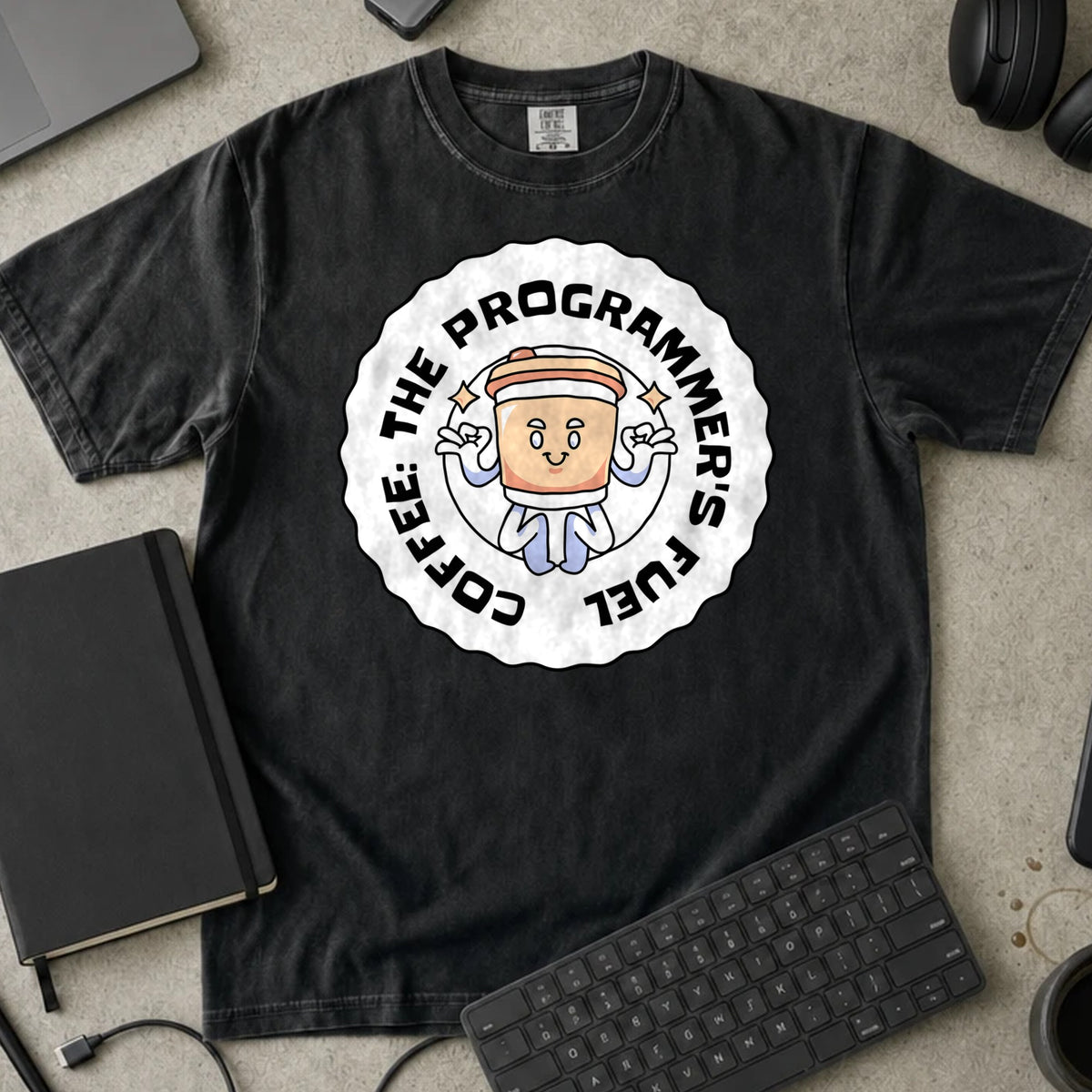 Coffee The Programmer's Fuel Shirt in Black, Comfort Colors 1717 tee flat lay