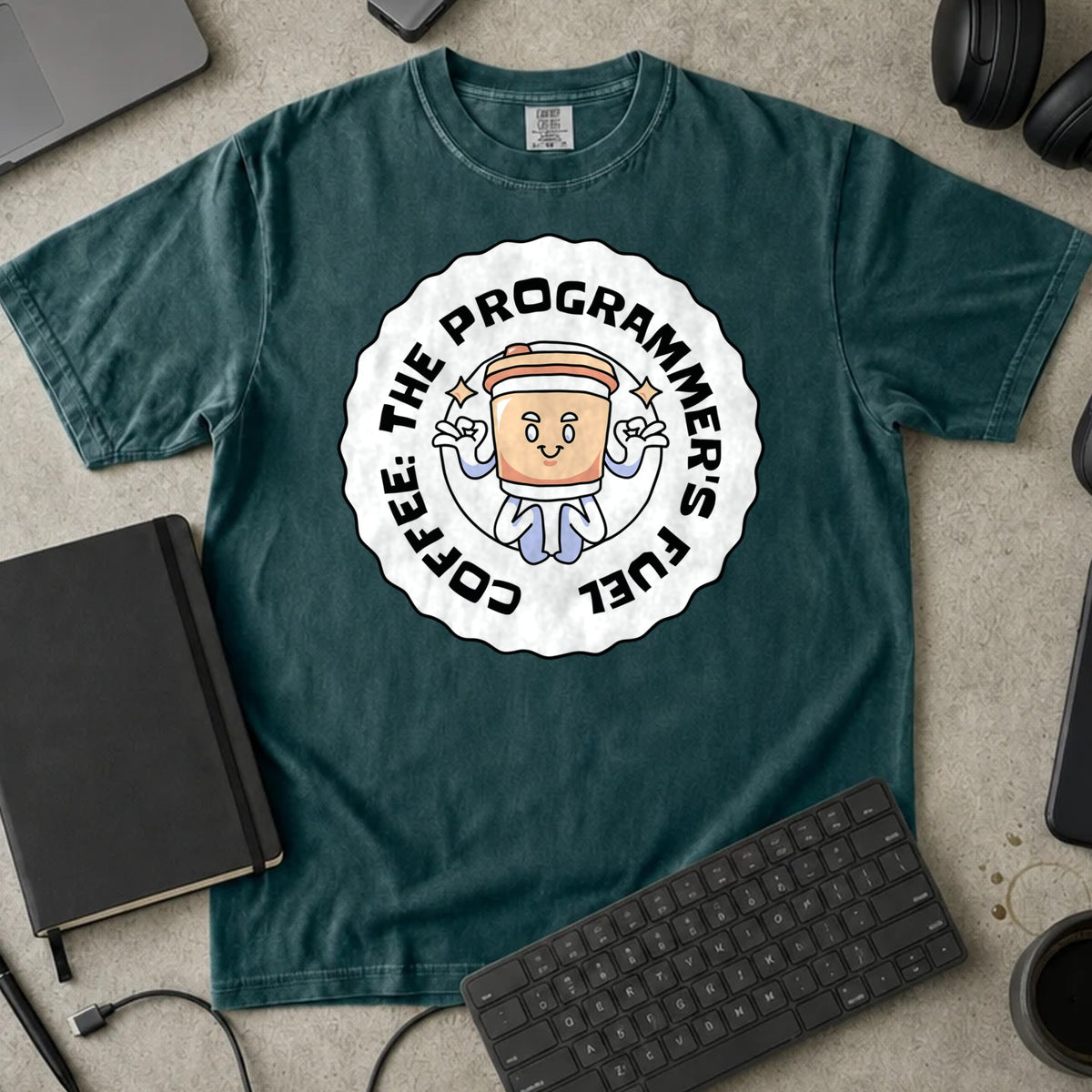 Coffee The Programmer's Fuel Shirt in Blue Spruce, Comfort Colors 1717 tee flat lay