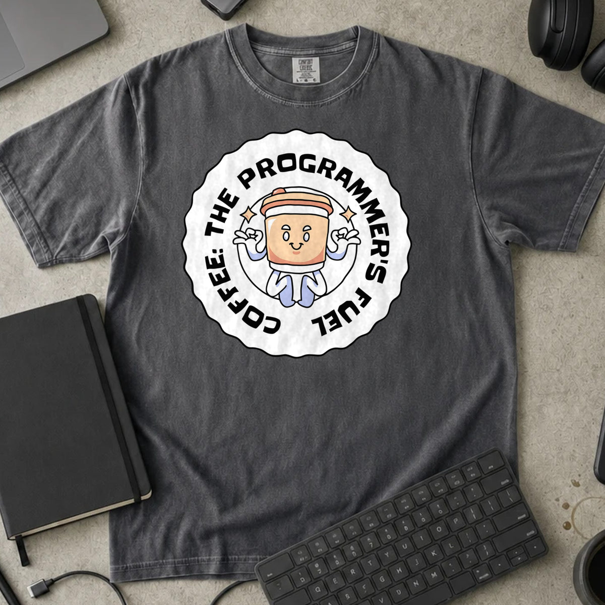 Coffee The Programmer's Fuel Shirt in Pepper, Comfort Colors 1717 tee flat lay