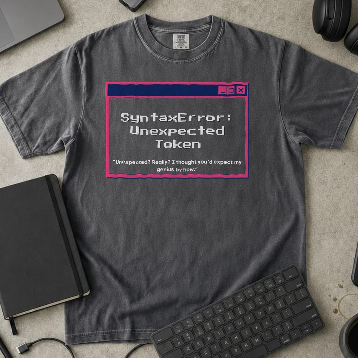 SyntaxError Unexpected Token Shirt in Pepper, Comfort Colors 1717 tee flat lay