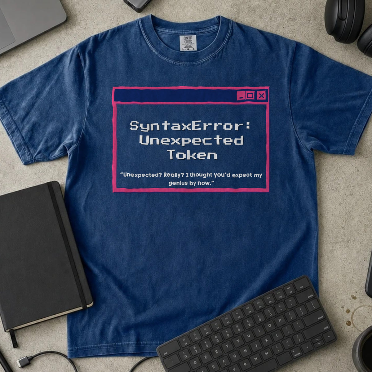 SyntaxError Unexpected Token Shirt in True Navy, Comfort Colors 1717 tee flat lay