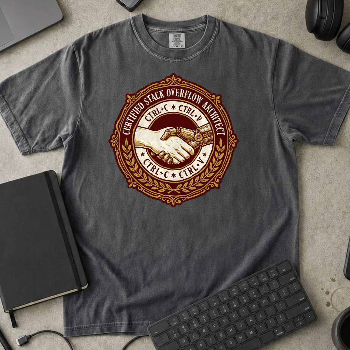 Certified Stack Overflow Architect Shirt in Pepper, Comfort Colors 1717 tee flat lay