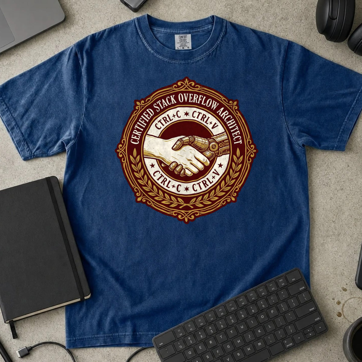 Certified Stack Overflow Architect Shirt in True Navy, Comfort Colors 1717 tee flat lay