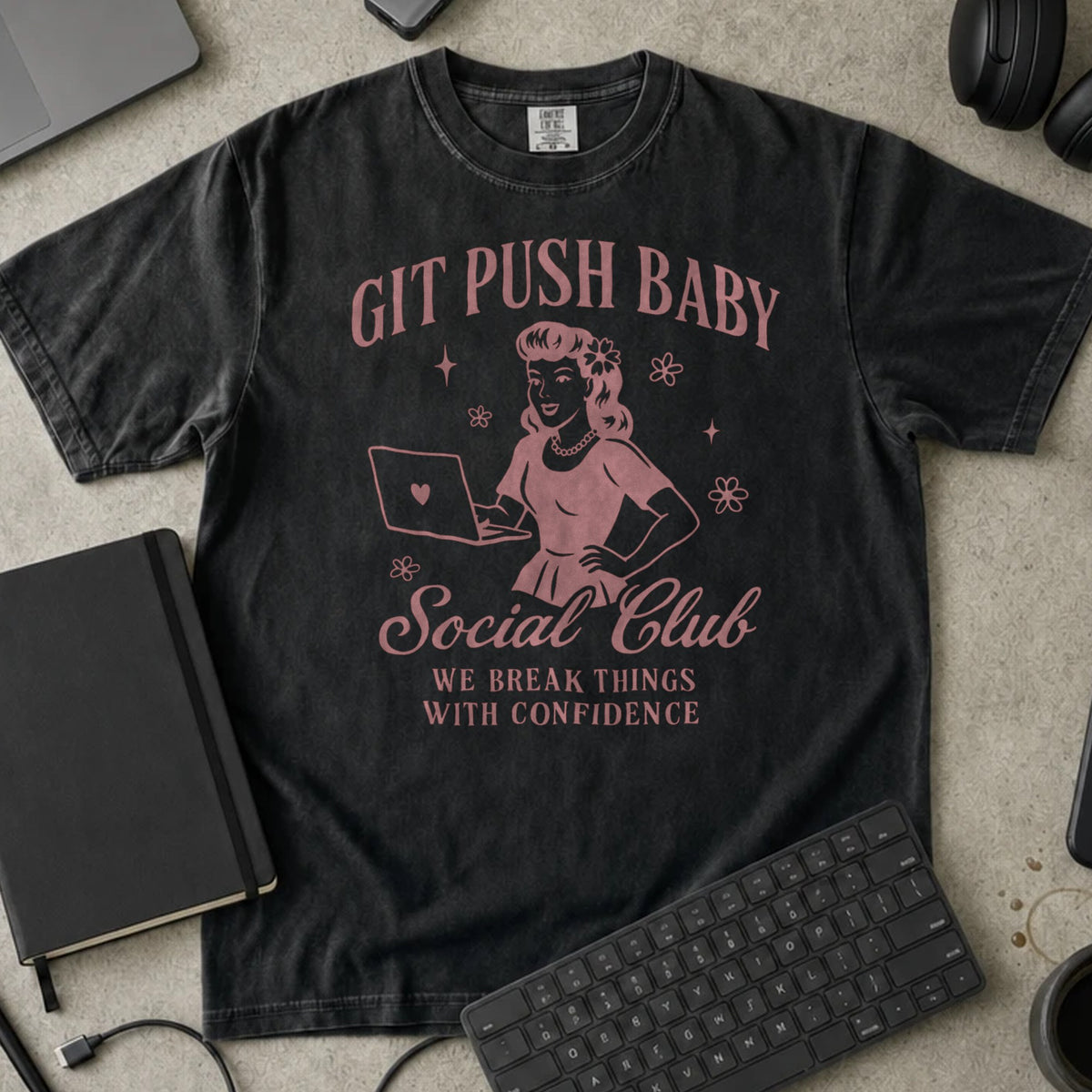 Git Push Baby Social Club Shirt in Black, Comfort Colors 1717 tee flat lay