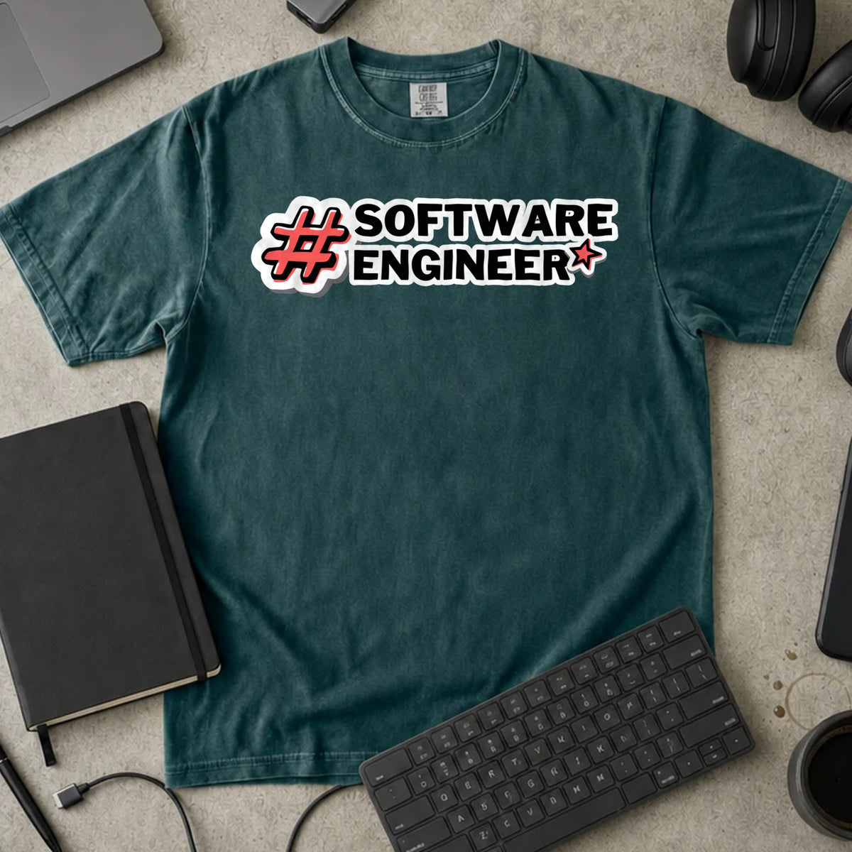Software Engineer Hashtag Shirt in Blue Spruce, Comfort Colors 1717 tee flat lay